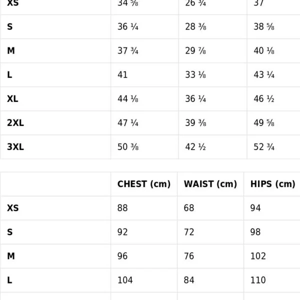 rash guard size chart