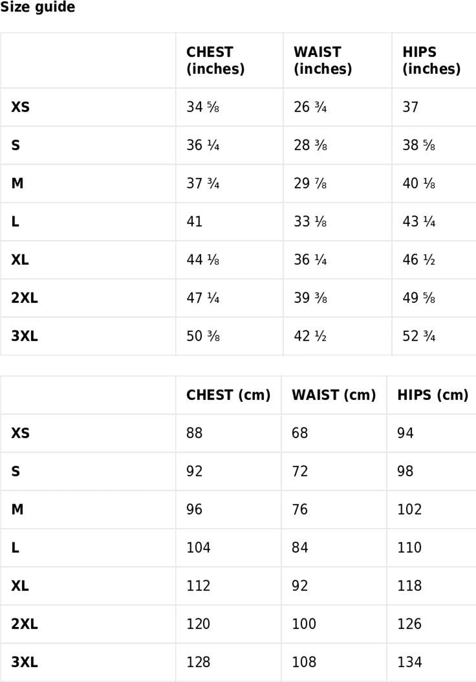 rash guard size chart