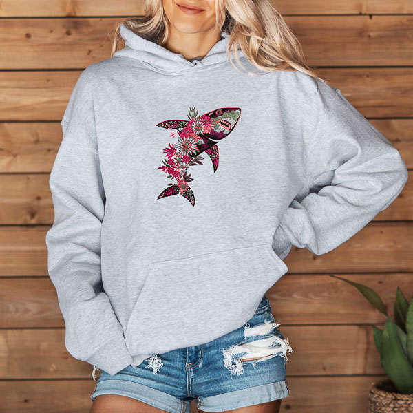 Floral Shark Embroidered Hoodie