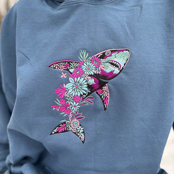 Floral Shark Embroidered Hoodie